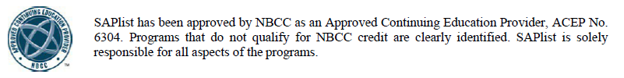 SAPlist has been approved by NBCC as an Approved Continuing Education Provider, ACEP No. 6304. Programs that do not qualify for NBCC credit are clearly identified. SAPlist is solely responsible for all aspects of the programs.
